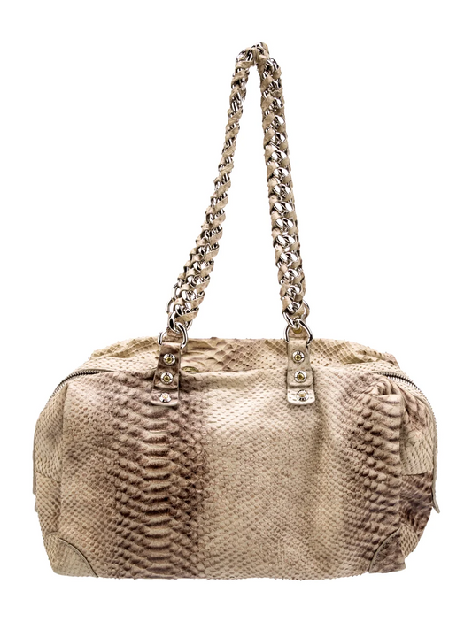 Henri Bendel Neutral Python Leather Shoulder Bag with Chain-Link Shoulder Straps