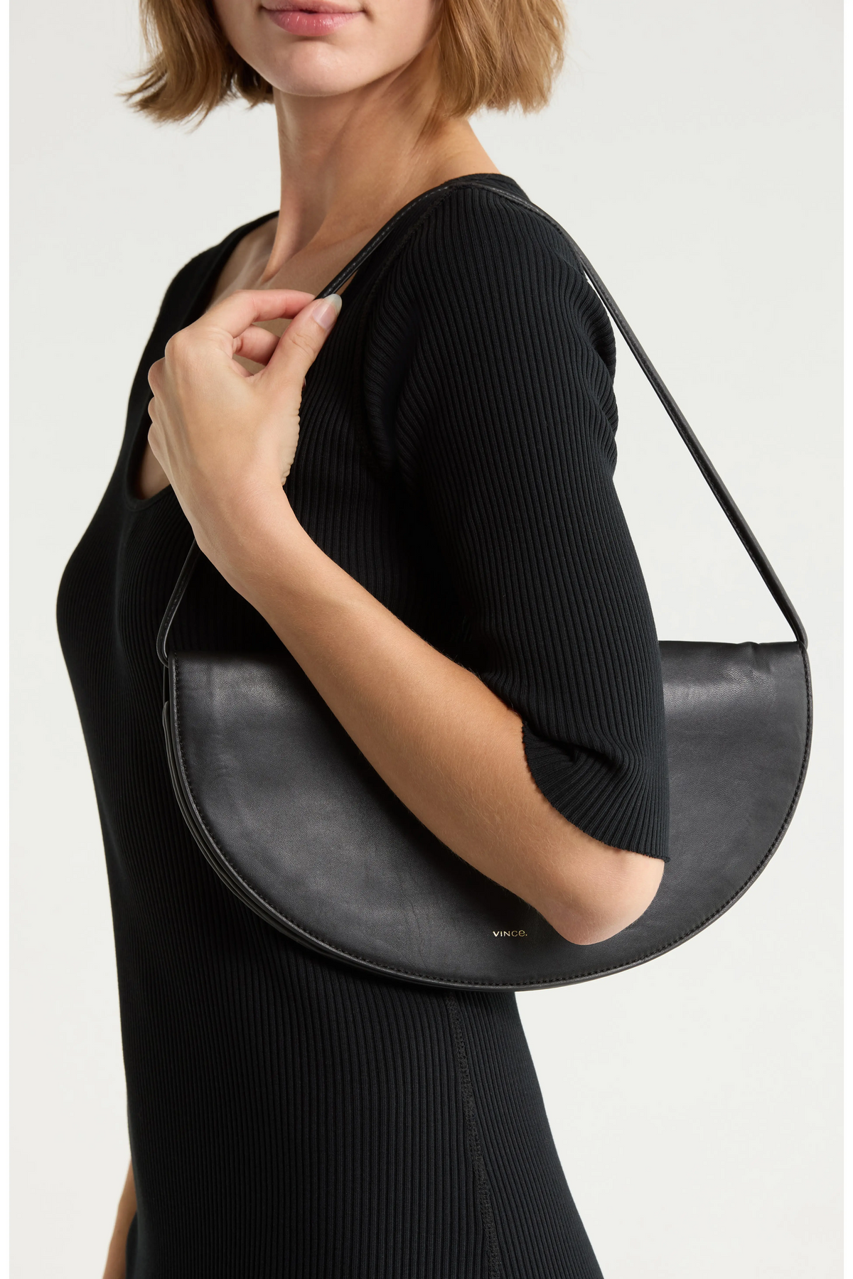 Vince Arca black leather half moon shoulder bag with exterior pocket