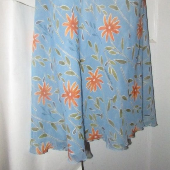 NWT, Moschino, size 46 IT/12 US, periwinkle, midi A-line skirt with stylized orange & green floral print