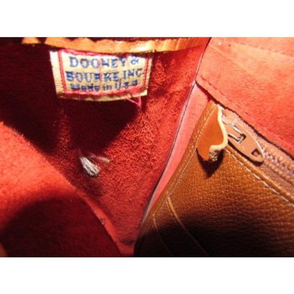 Vintage, Dooney and Bourke AWL, textured red leather and smooth camel leather, envelope top, cross body or shoulder bag with a removable adjustable strap, exterior pockets, brass accents