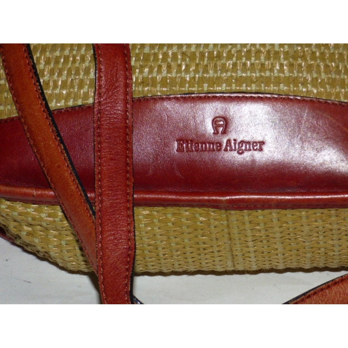 Etienne Aigner woven raffia & brown leather shoulder handbag