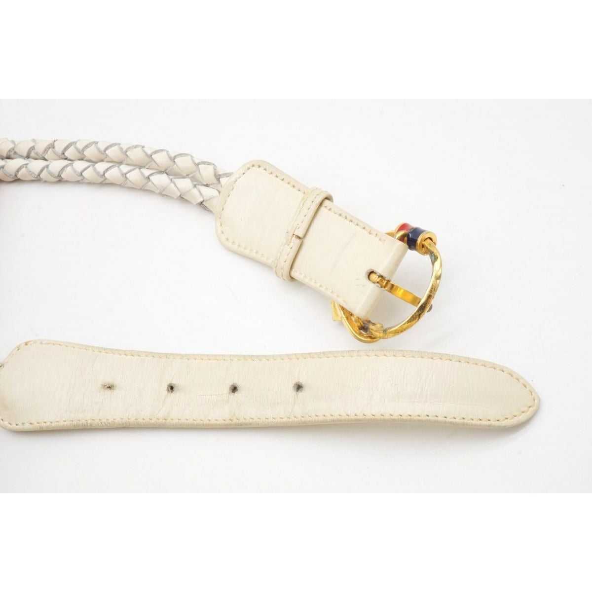 vintage, Gucci, size 80/32, white leather belt with a round, gold buckle with red and blue enamel & two braided leather strands