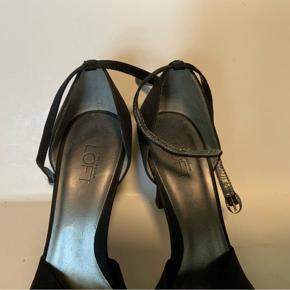 Ann Taylor LOFT Black Sateen D’orsay Ankle Strap Pumps