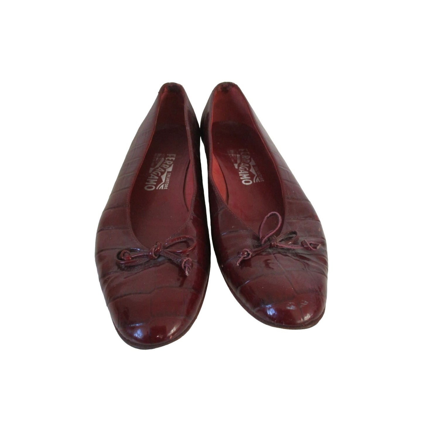 Ferragamo burgundy crocodile embossed ballet flats