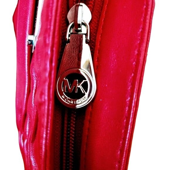 Michael Kors, red ruched leather, expandable clutch with chrome hardware & exterior pockets