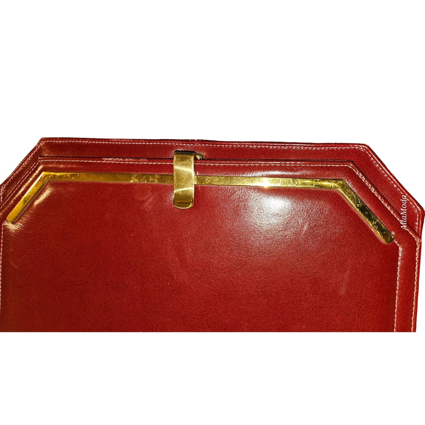 Lewis NOS NWT Red Leather Clutch w Bold Gold Accents