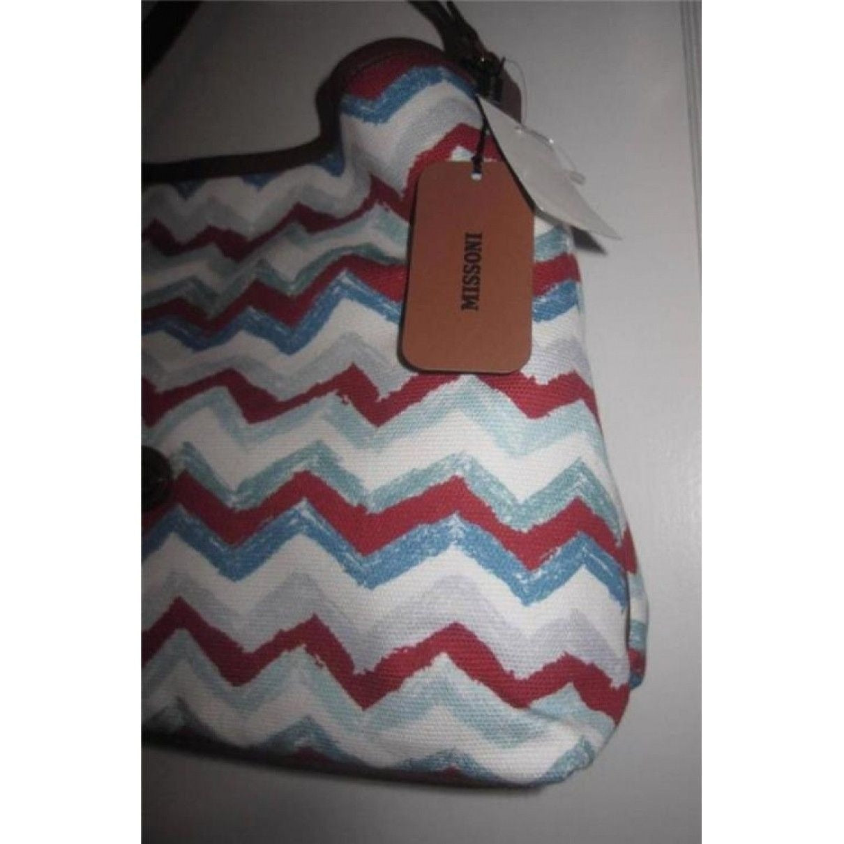 AMAZING, Missoni, NWT, red/white/blue chevron print canvas and tan leather shoulder bag