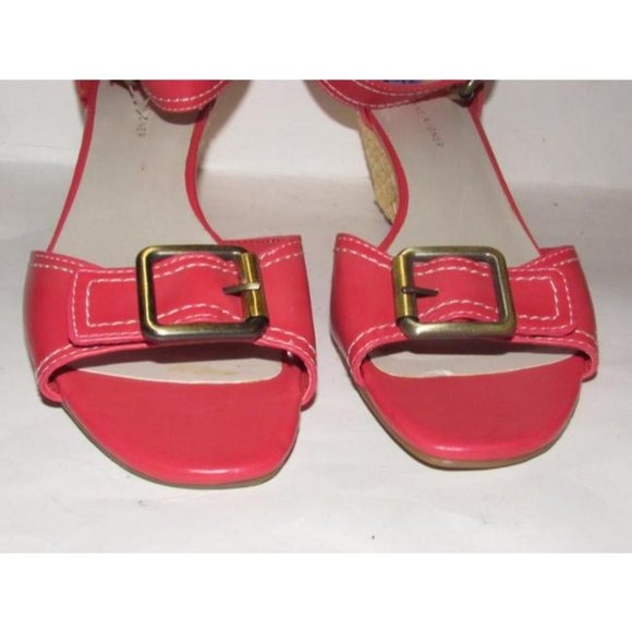 Etienne Aigner Salmon Pink Wedge Sandals with White Stitching