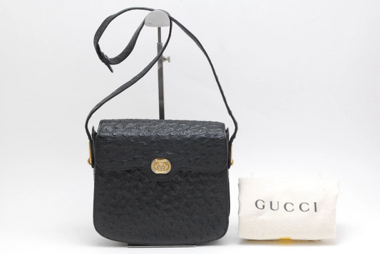 Gucci RARE black ostrich leather saddle bag in mint condition