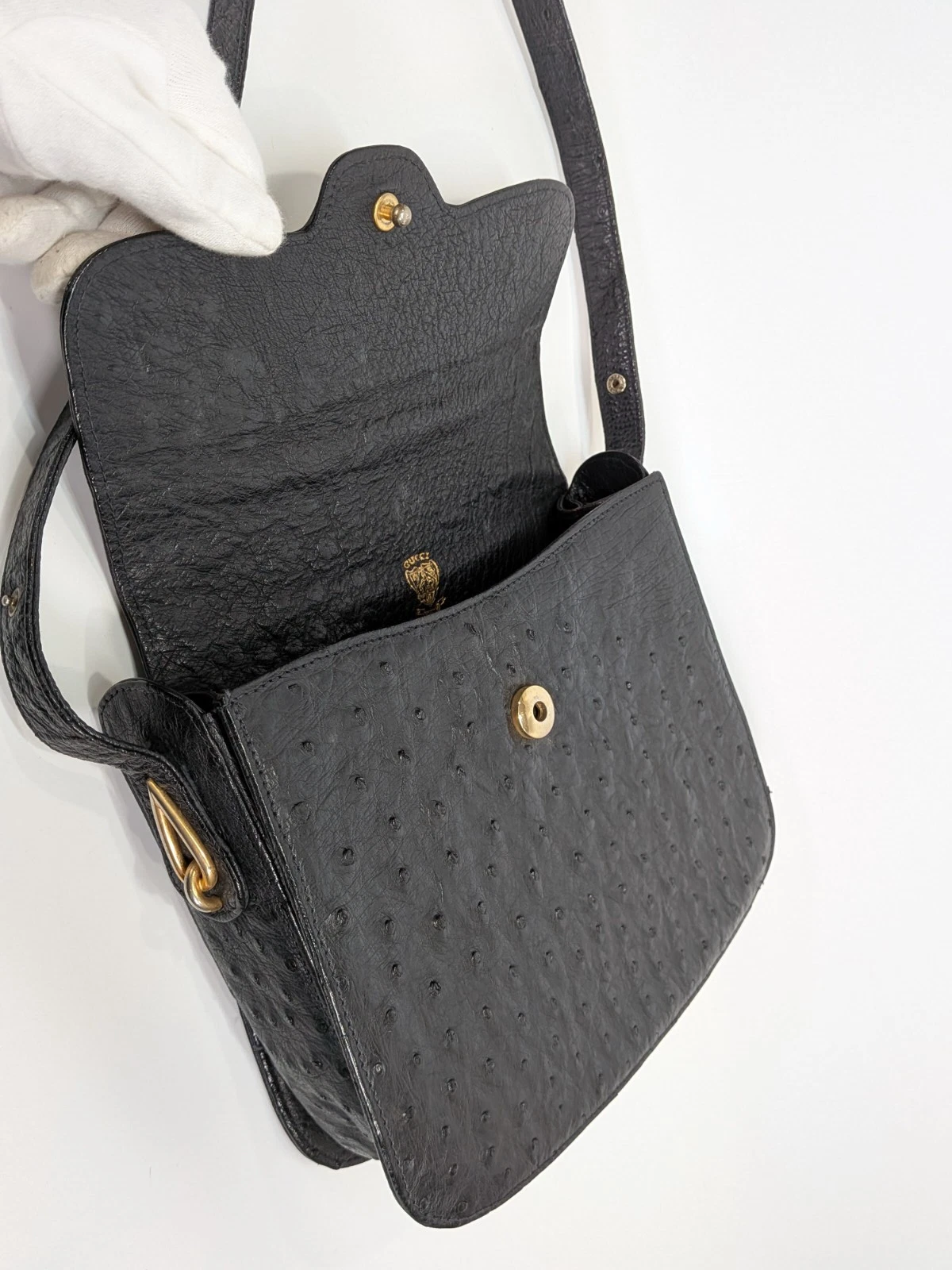 Gucci RARE black ostrich leather saddle bag in mint condition