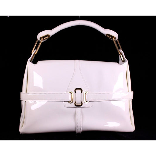 Jimmy Choo pale yellow glossy leather shoulder bag with gold hardware & belted sides