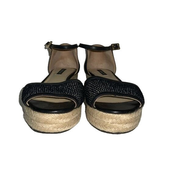 Rachel Zoe Black Raffia Ankle Strap Sandals Espadrille Wedge Soles