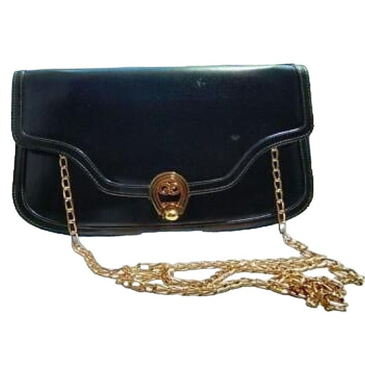 Gucci black leather two-way bag w enamel GG clasp & chain strap