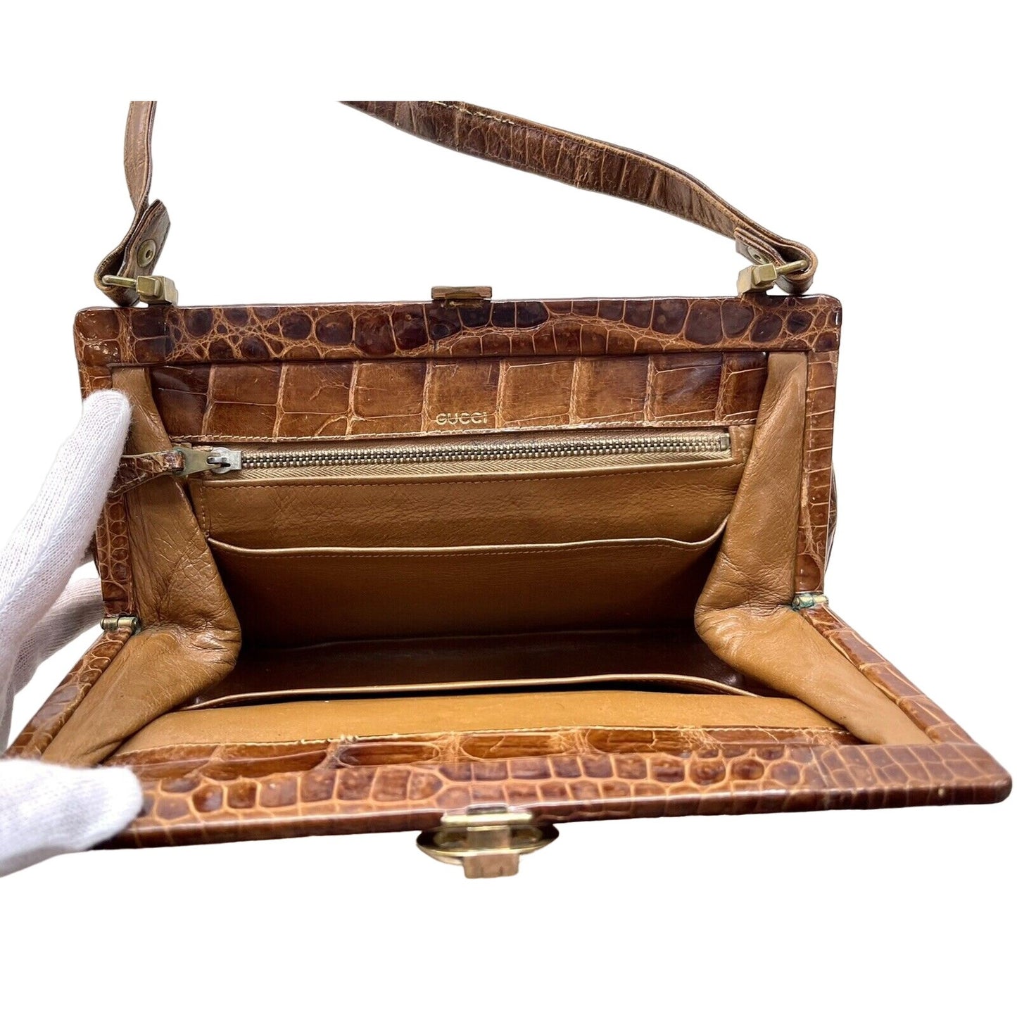 Gucci brown crocodile leather top handle purse