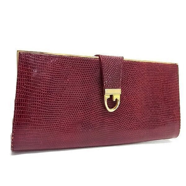 Gucci burgundy red lizard reptile leather two-way clutch w gold chain strap