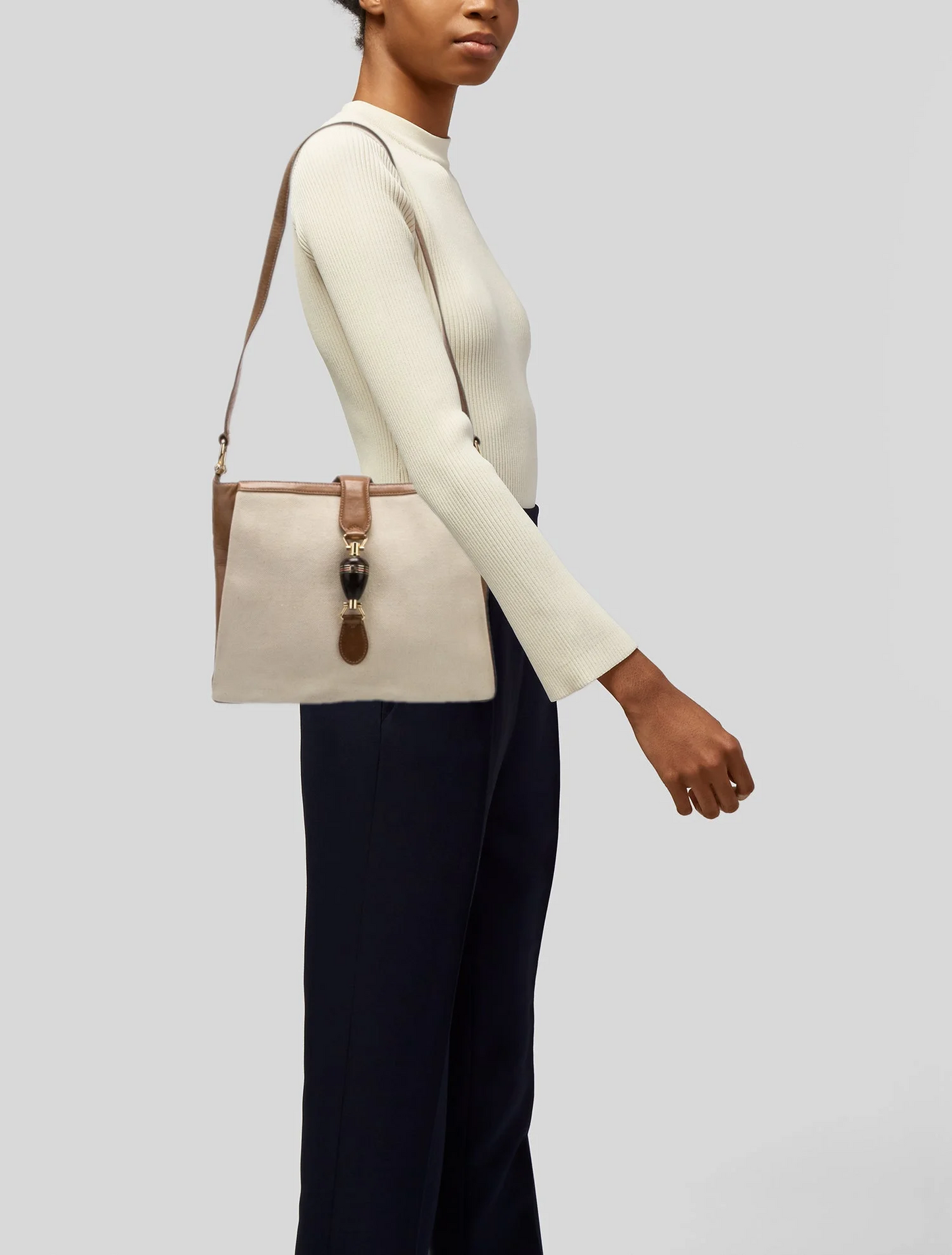 Gucci canvas & camel leather early Jackie with amazing piston clasp