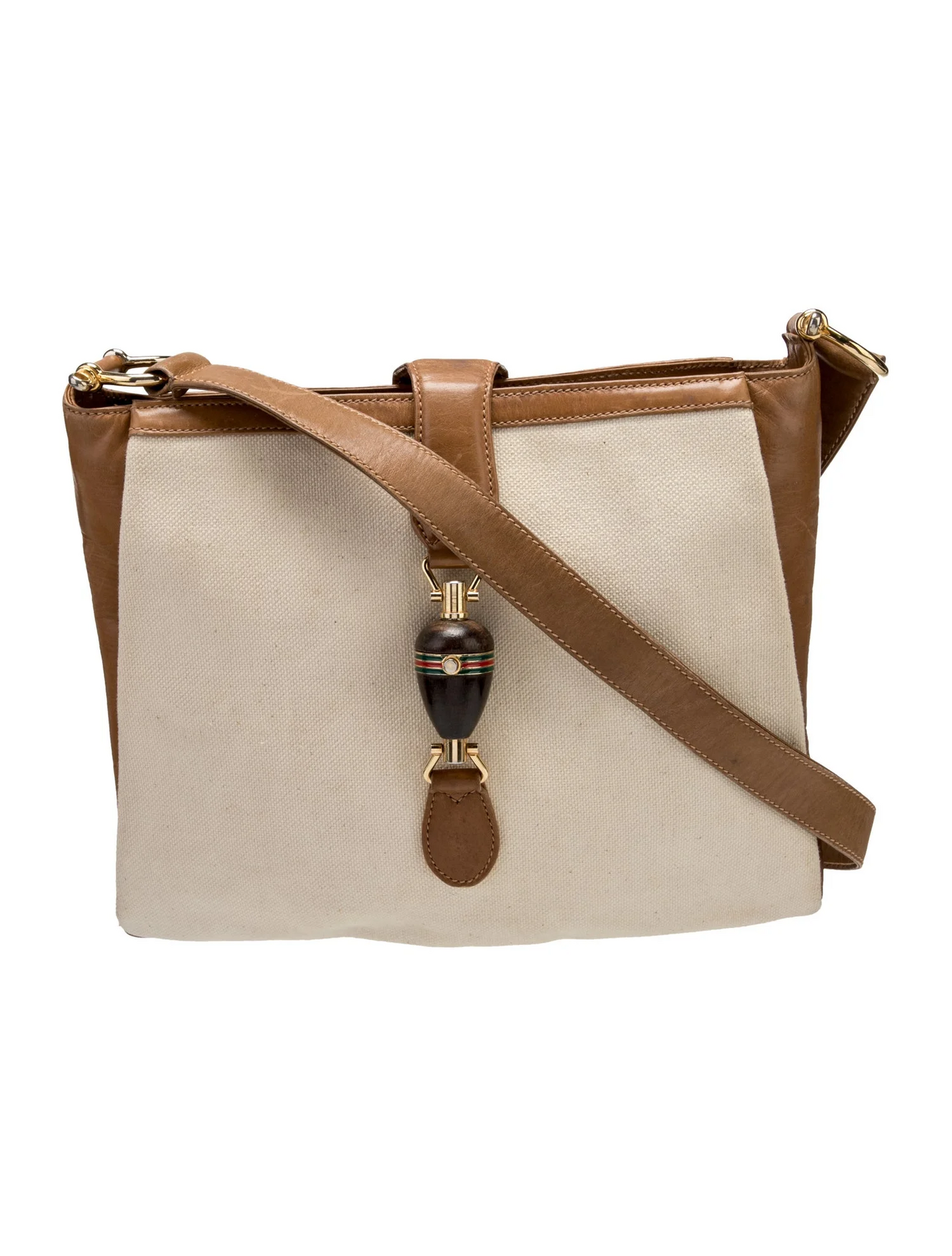 Gucci canvas & camel leather early Jackie with amazing piston clasp
