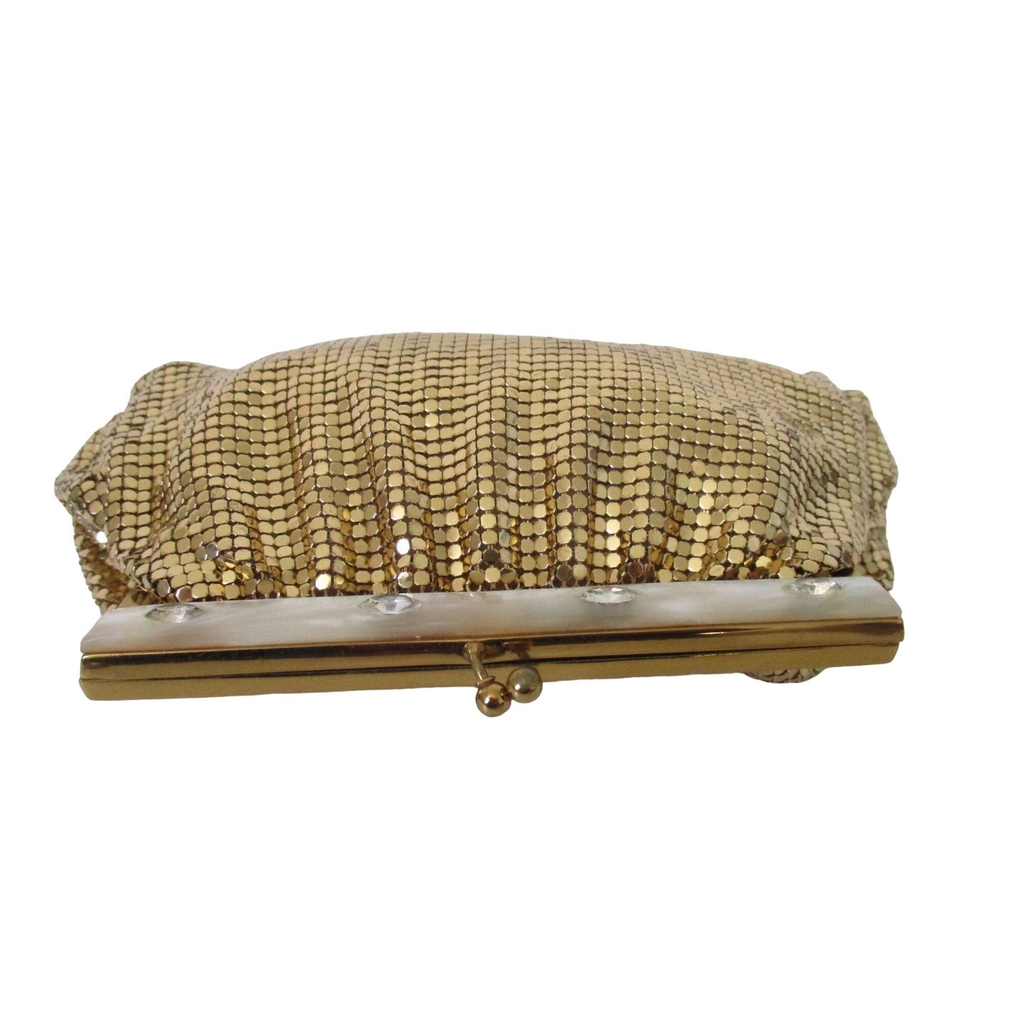 Mint Condition, Whiting and Davis, gold mirrored mesh, Art Deco, evening bag with a kiss closure & mother of pearl & rhinestone accents