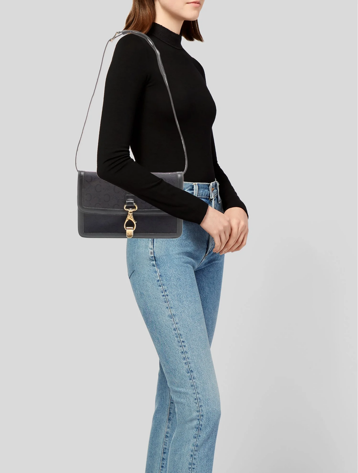 Celine Blue Canvas Macadam Print Two-way Shoulder Bag with Leather Trim