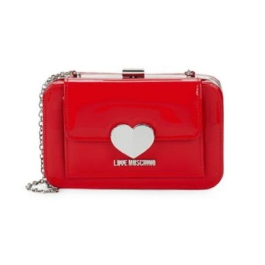NWT, AMAZING, Moschino, true red patent leather, retro, hard box satchel style, shoulder bag with a chain strap, an exterior pocket, heart accents, and chrome hardware