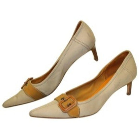 Miu Miu, size EU 39.5/9.5B US, khaki canvas and orange leather, squared, pointy toe, heels with 2" kitten heels, square, orange leather and chrome buckles, wood look heels, and chrome hardware