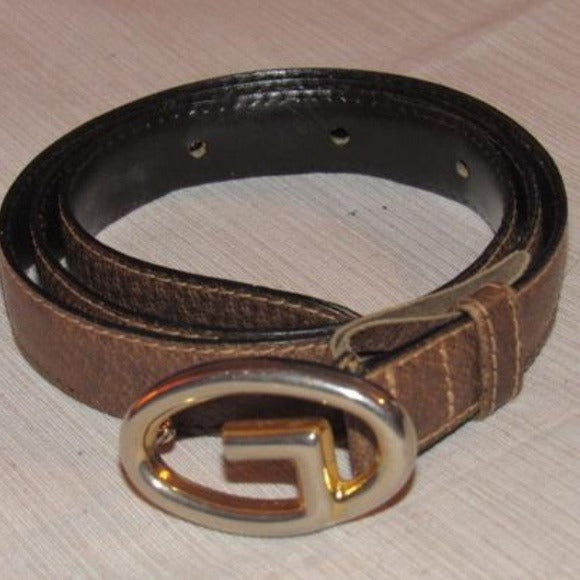 Gucci Vintage Brown Leather Belt w Gold GG Logo Buckle