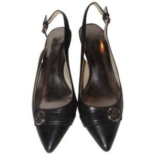 Coach 'Zhane' style, size 6B, black leather, slingback heels with a round chrome Coach logo accent