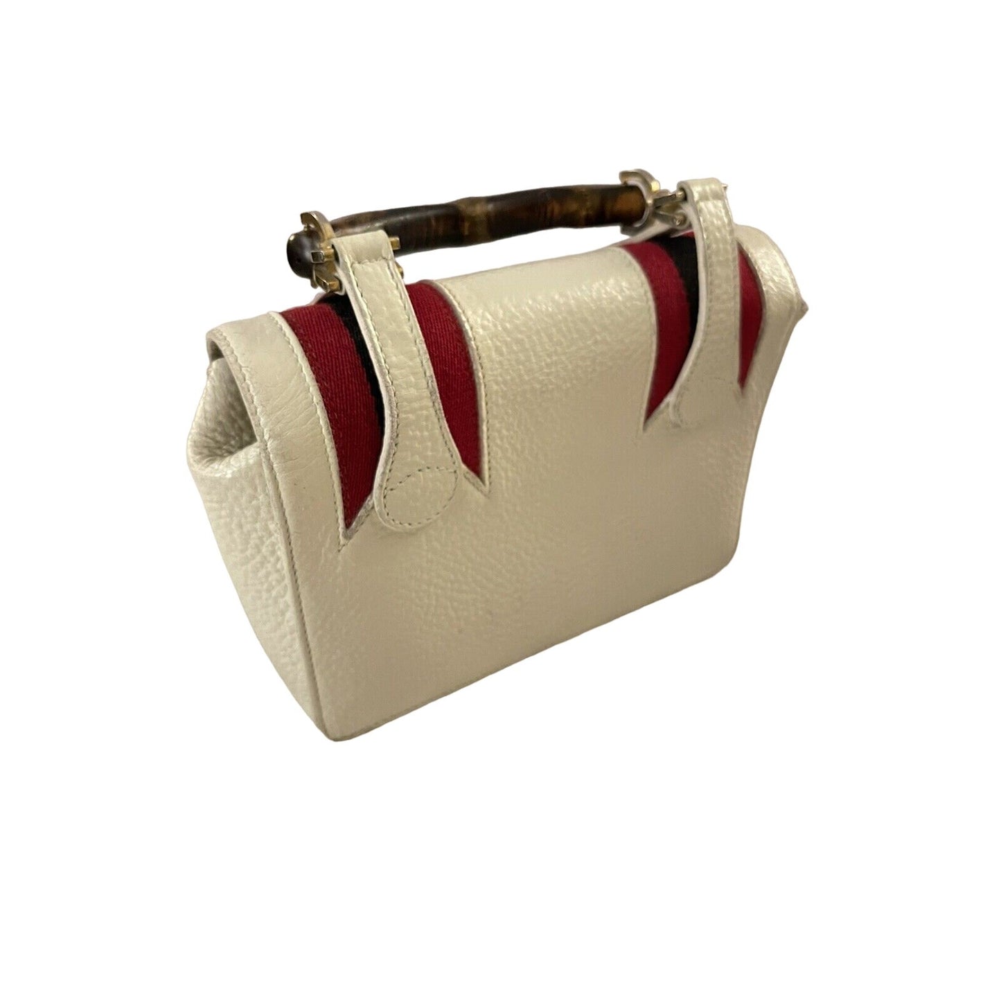 RARE Gucci white leather lunchbox bamboo bag w red & blue stripes