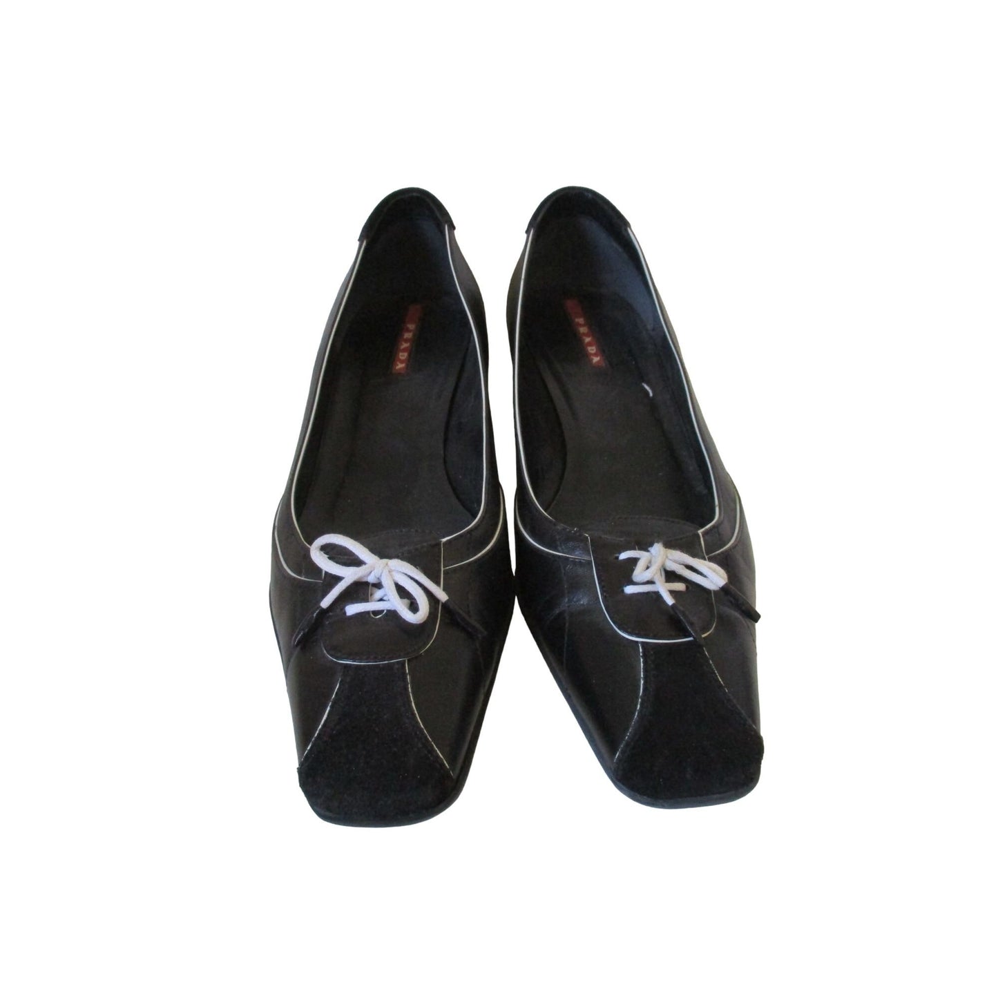 Prada Sport black leather 37.5 kitten heels with suede accents and white bows and white tonal stitching