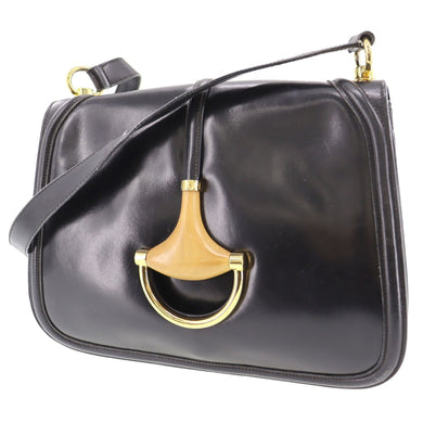 Vintage, navy leather, Gucci shoulder bag with XL gold & tan leather horsebit accent with cut-out & 'GUCCI' engraved on top