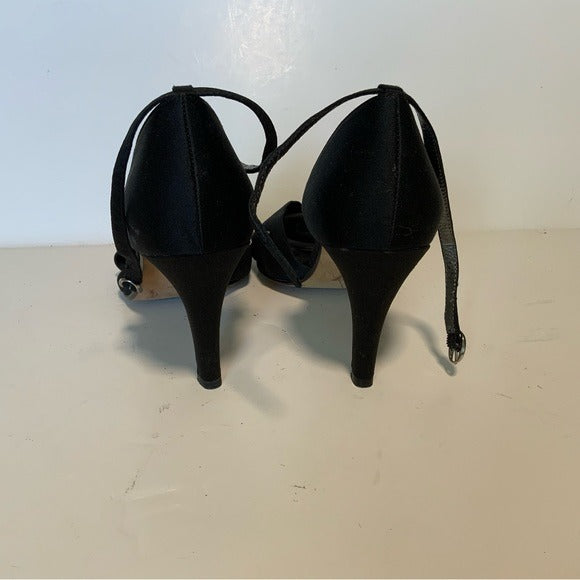 Ann Taylor LOFT Black Sateen D’orsay Ankle Strap Pumps