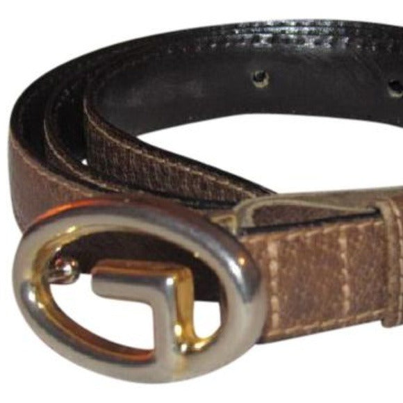 Gucci Vintage Brown Leather Belt w Gold GG Logo Buckle