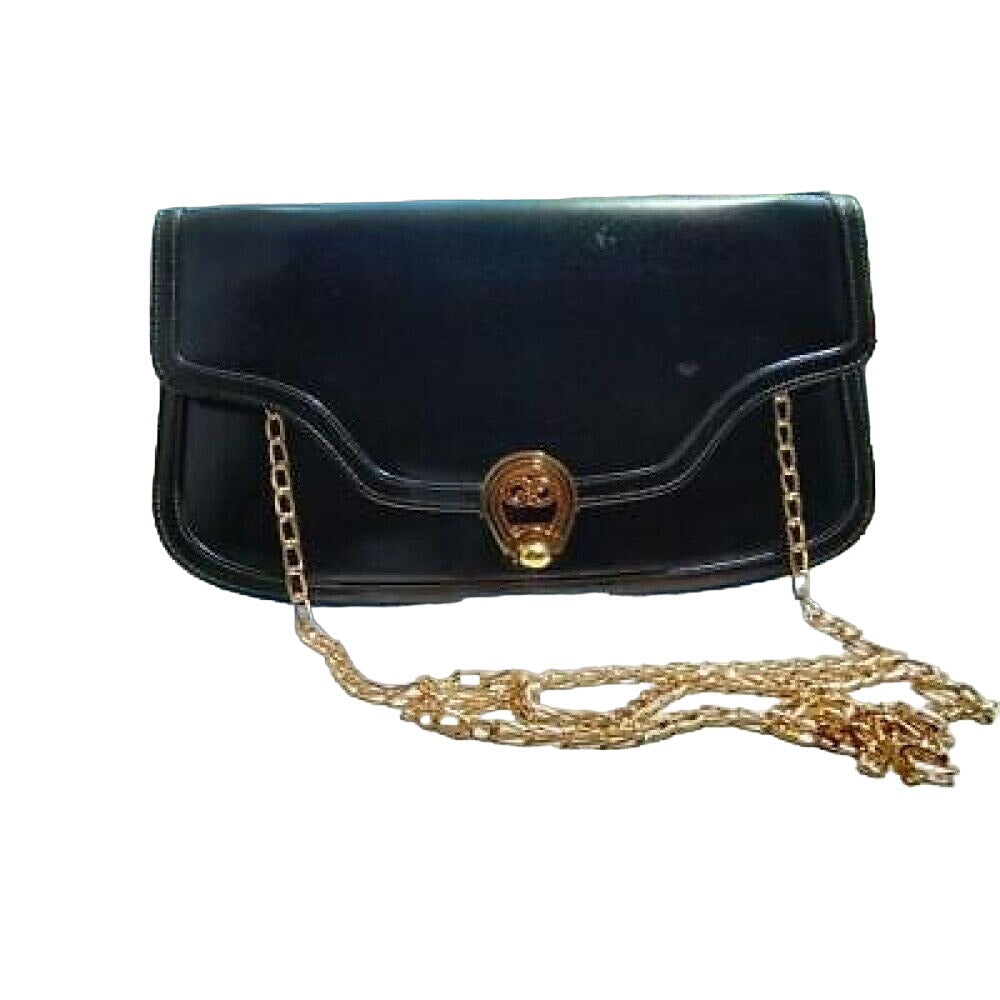 Gucci black leather two-way bag w enamel GG clasp & chain strap