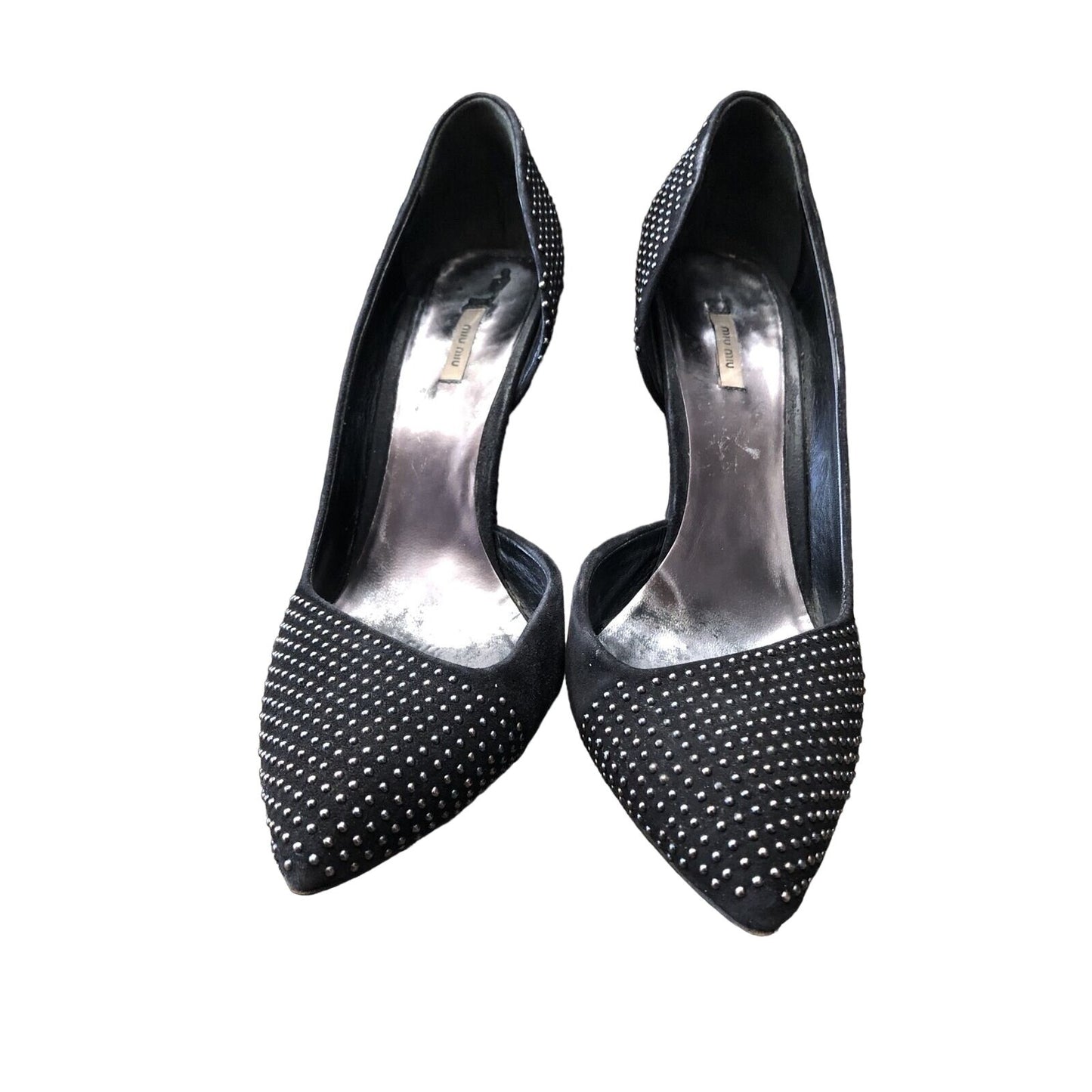 Miu Miu black suede geometric d'orsay heels w chrome studs