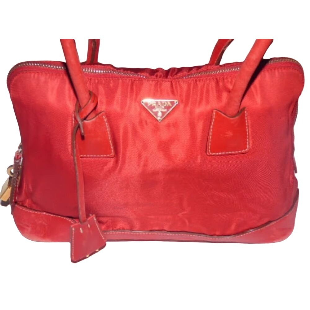 Prada nylon & red leather shoulder bag w chrome & lock/key