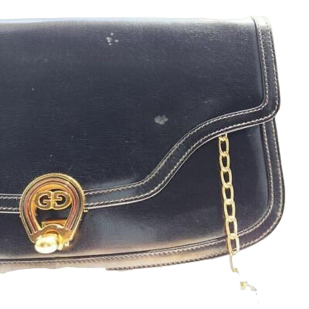 Gucci black leather two-way bag w enamel GG clasp & chain strap