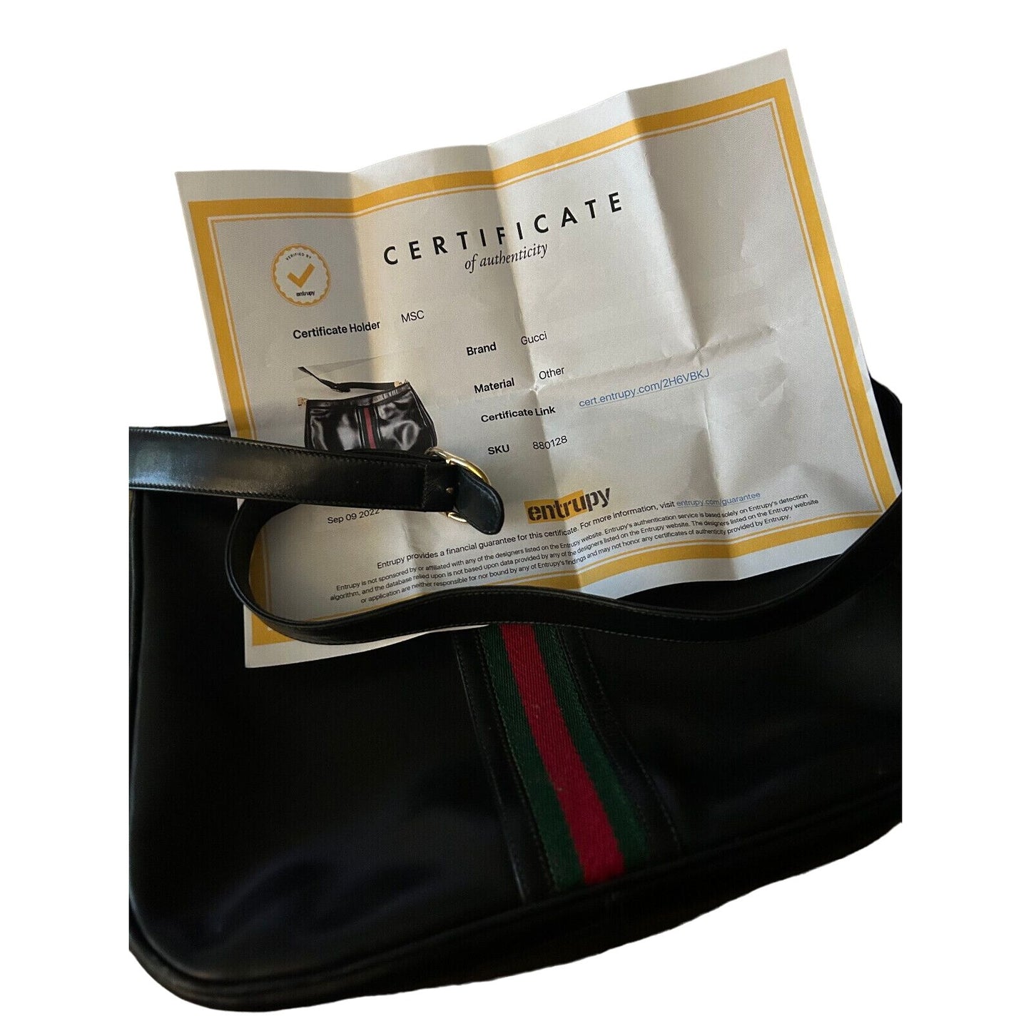 Gucci black leather hobo bag w Sherry stripe & horse-bit chain strap