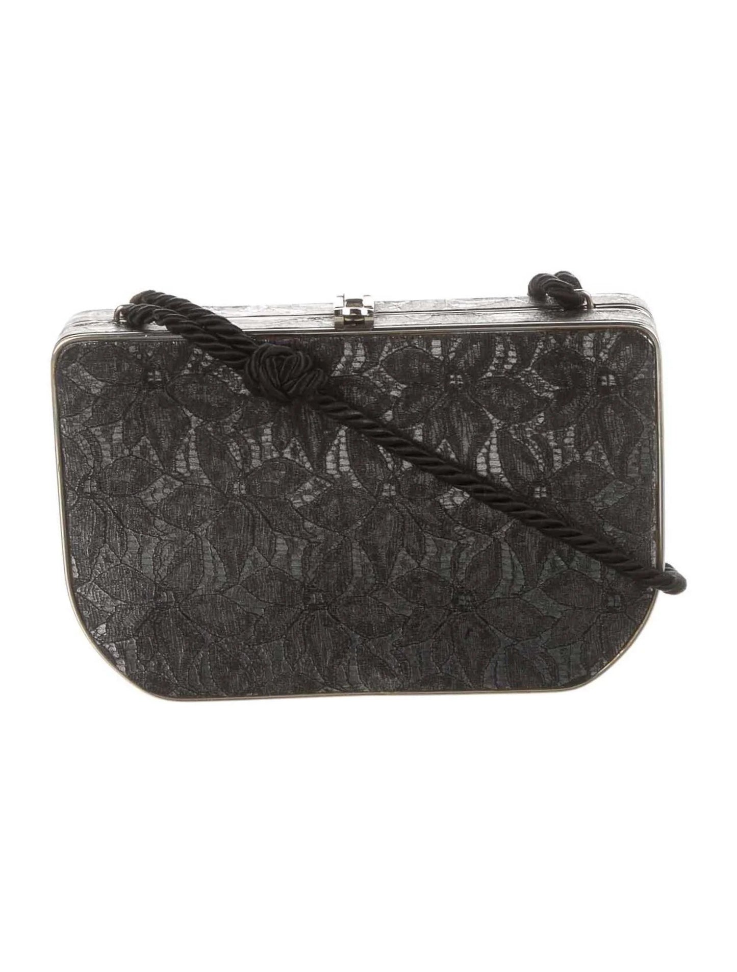 Fendi black floral lace print & chrome metal mini two-way evening bag
