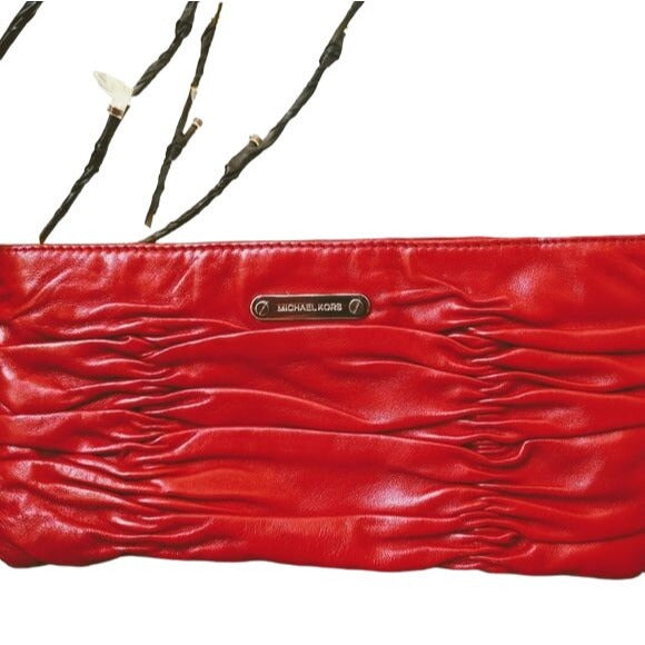 Michael Kors, red ruched leather, expandable clutch with chrome hardware & exterior pockets
