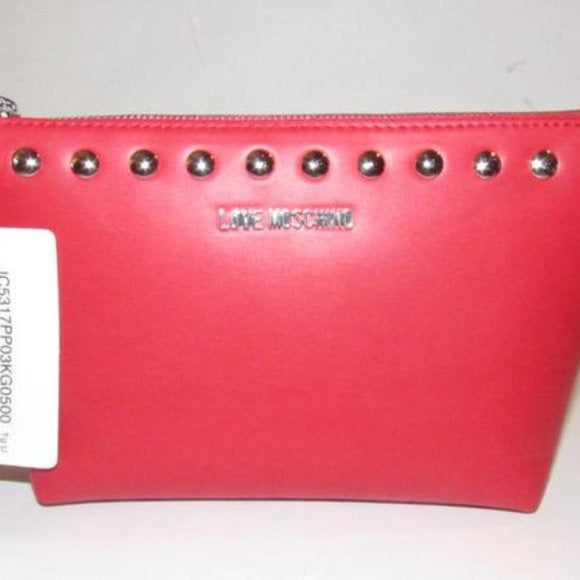 AMAZING, NWT, Moschino, true red leather, retro, clutch or cosmetic bag with chrome studs, a zip top closure, an XL engraved chrome zipper fob, and polished chrome hardware
