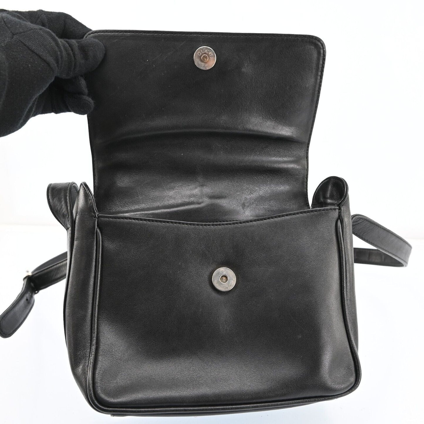 Gucci black leather 1955 Horse-bit cross body with a chrome accent