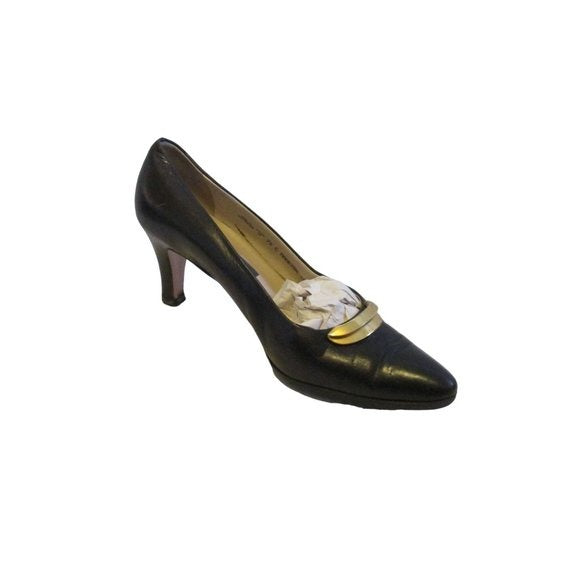 Bally Midnight Blue Navy Leather MANERBE Pumps Goldtone Accent