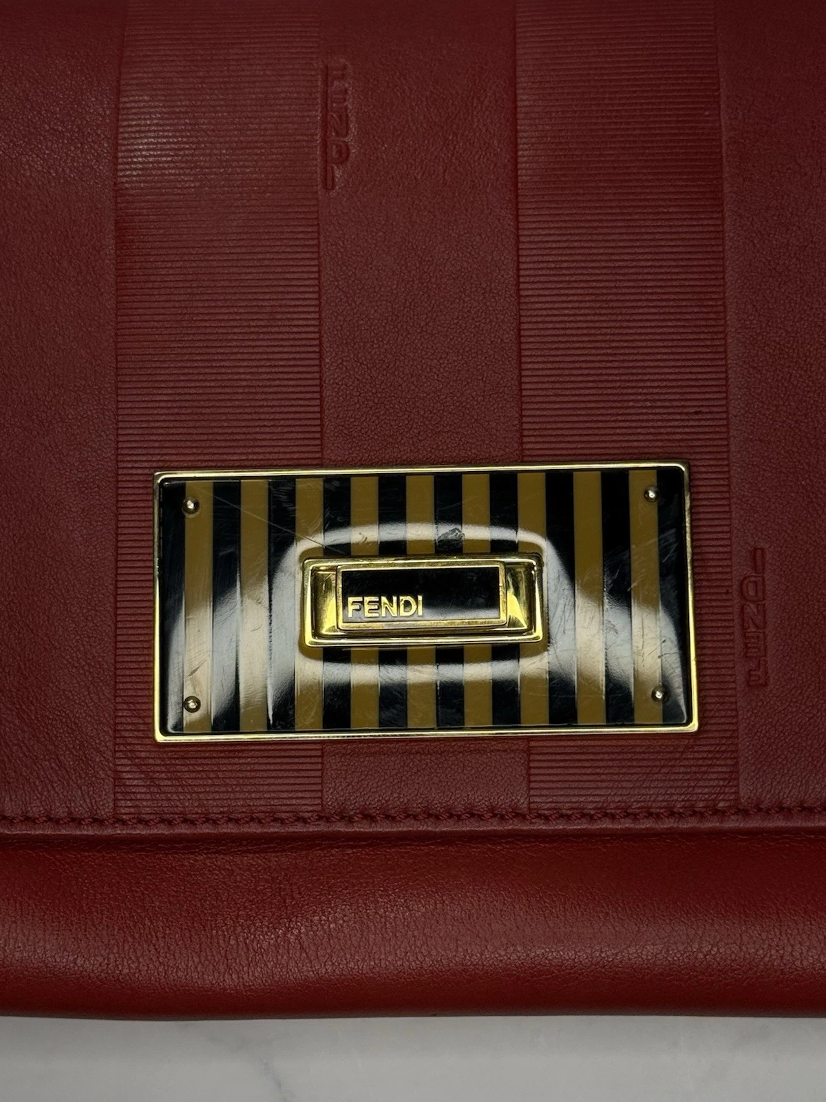 Authentic Fendi Red Pequin Embossed Leather Claudia Flap Bag
