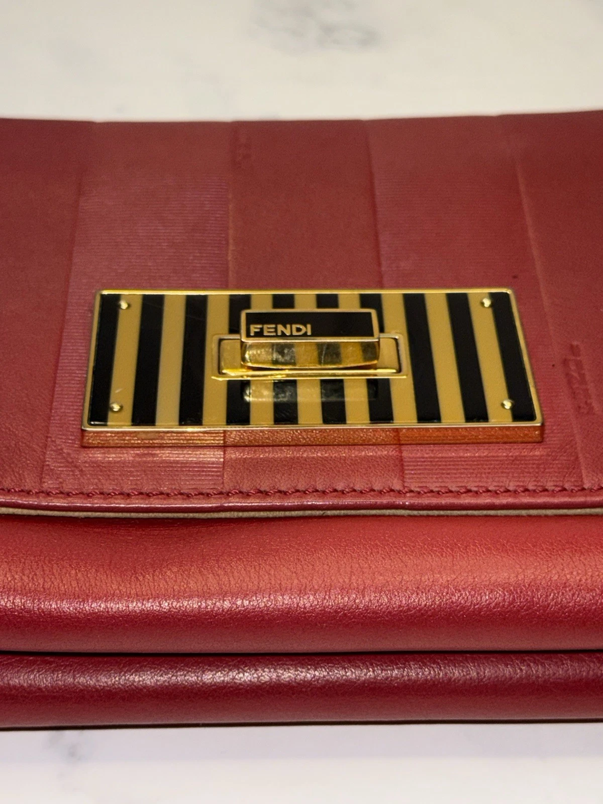 Authentic Fendi Red Pequin Embossed Leather Claudia Flap Bag