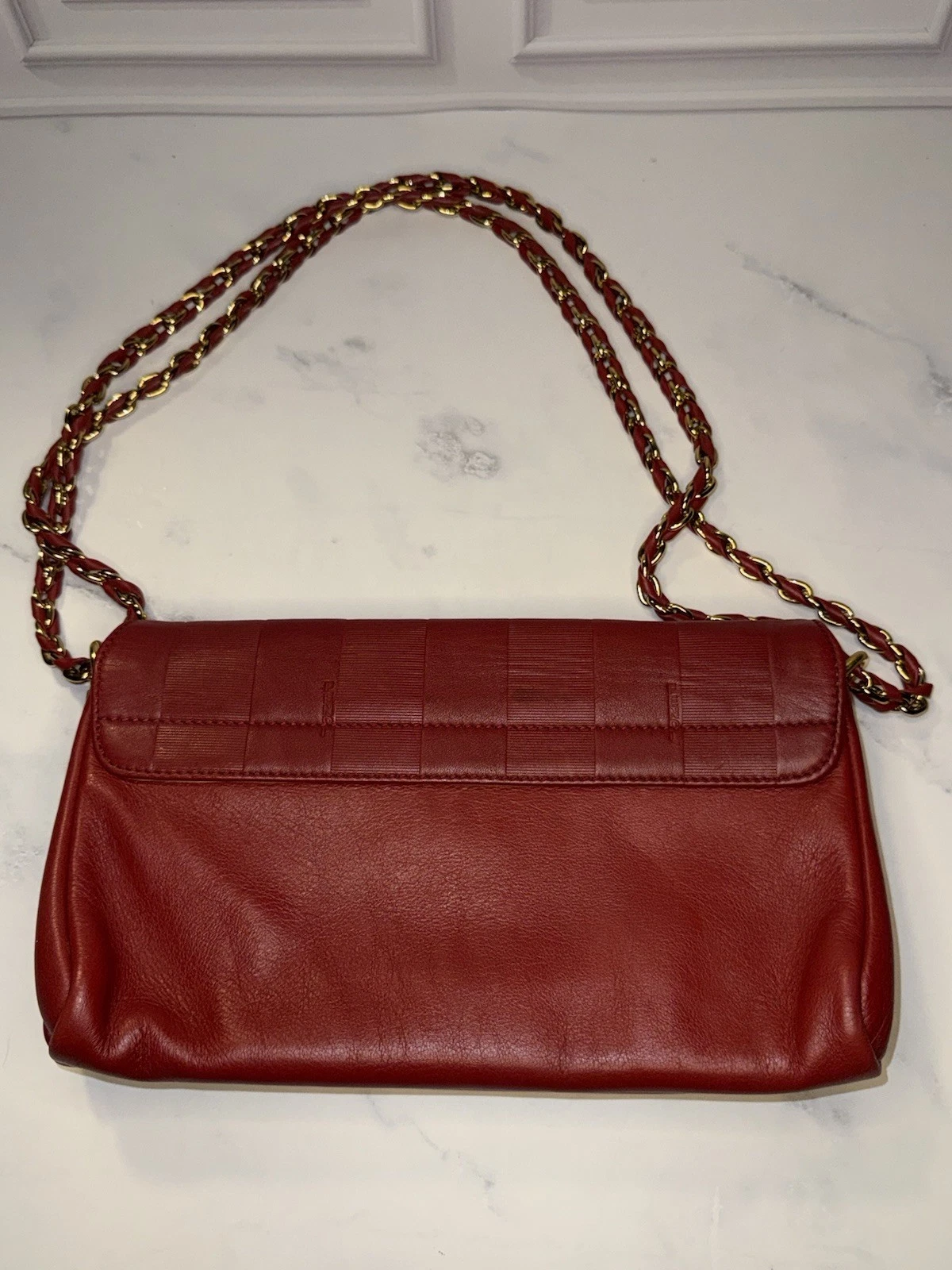 Authentic Fendi Red Pequin Embossed Leather Claudia Flap Bag