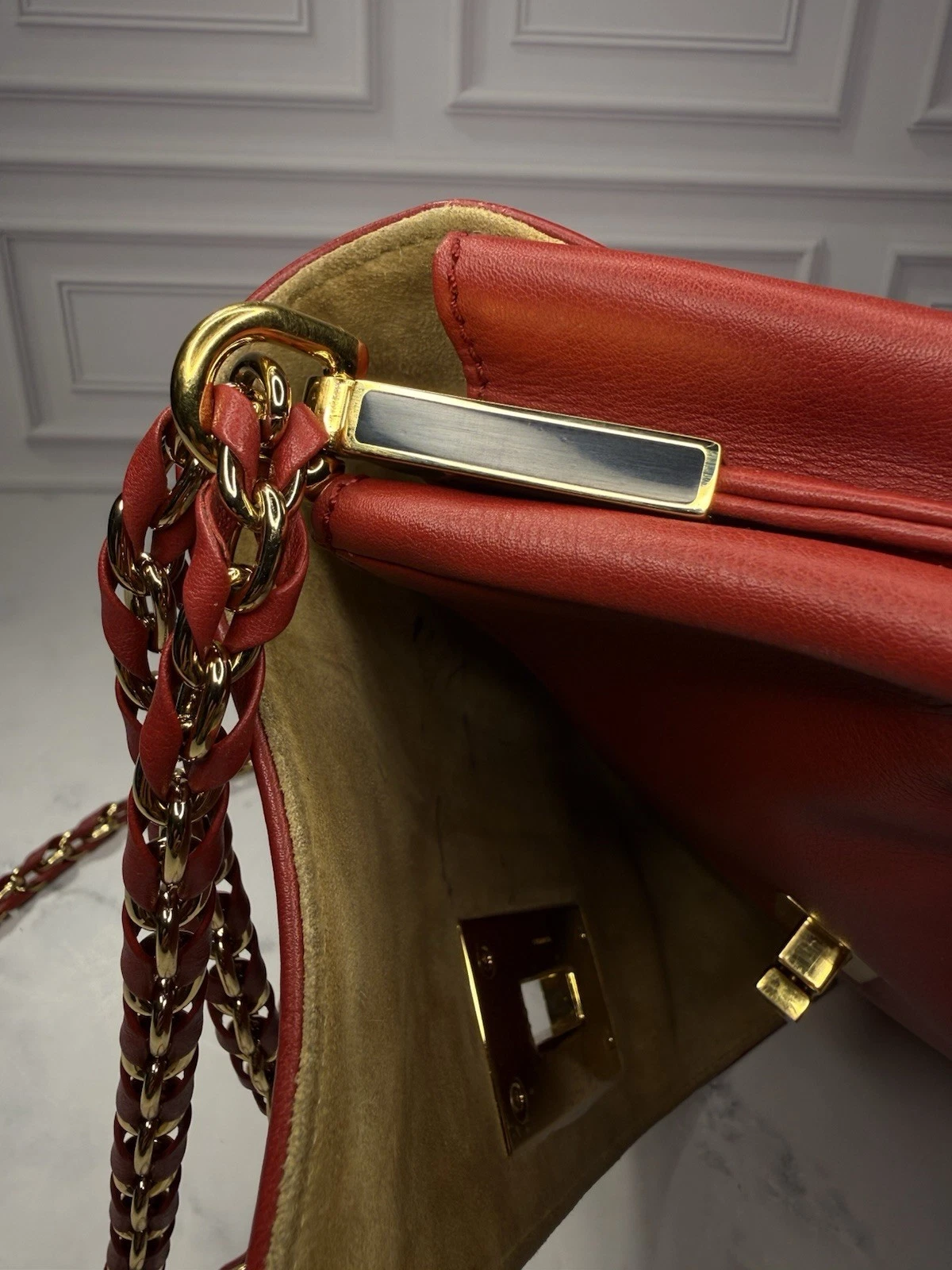Authentic Fendi Red Pequin Embossed Leather Claudia Flap Bag