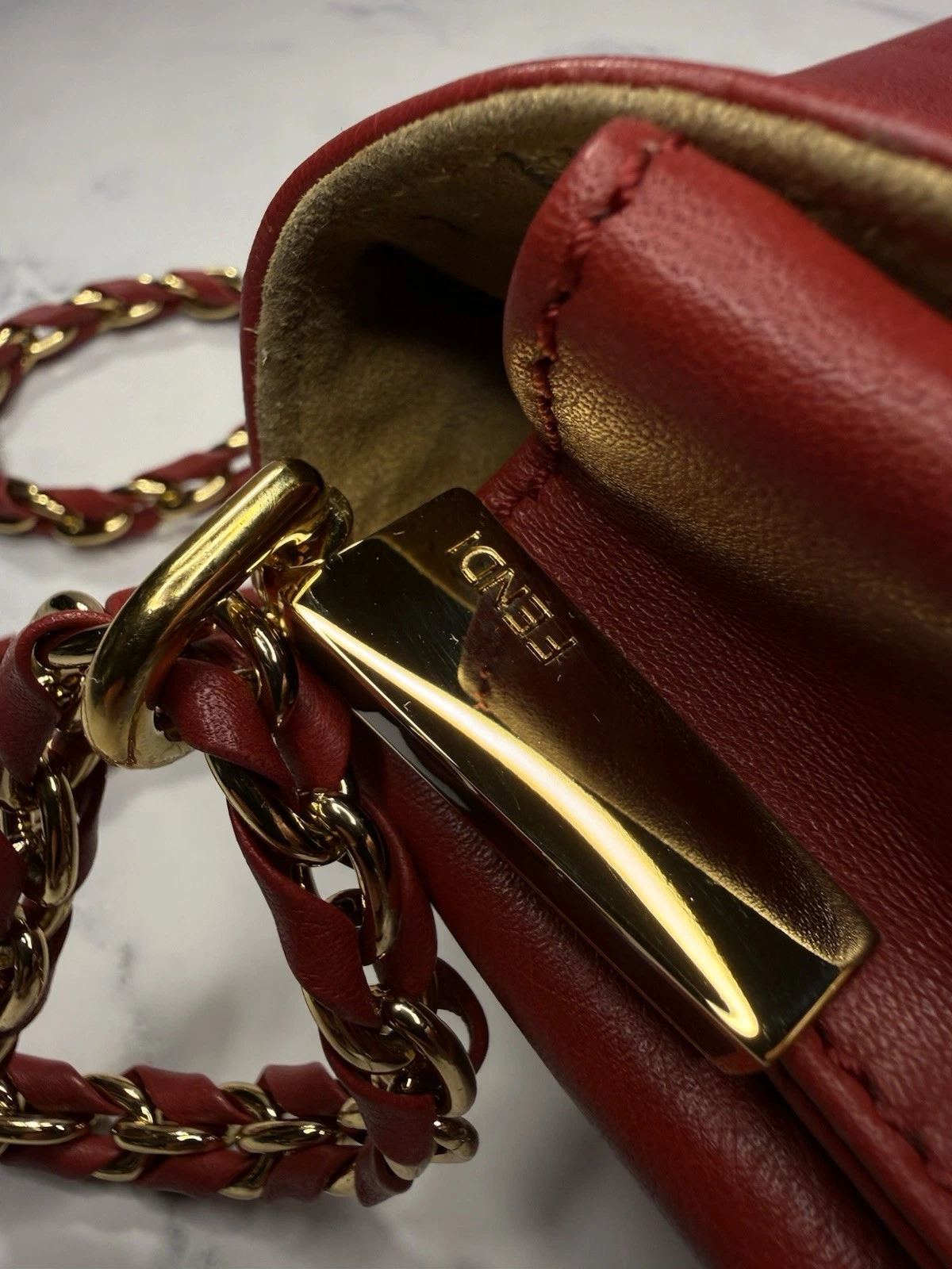 Authentic Fendi Red Pequin Embossed Leather Claudia Flap Bag