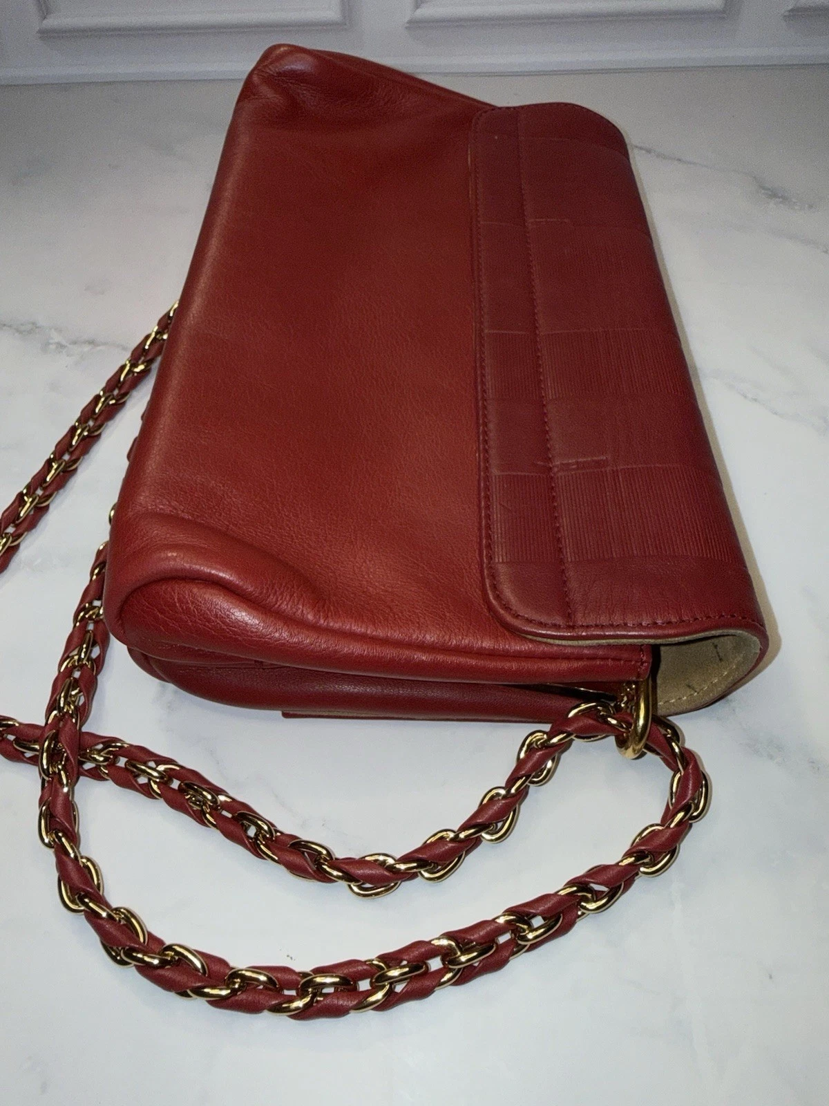 Authentic Fendi Red Pequin Embossed Leather Claudia Flap Bag