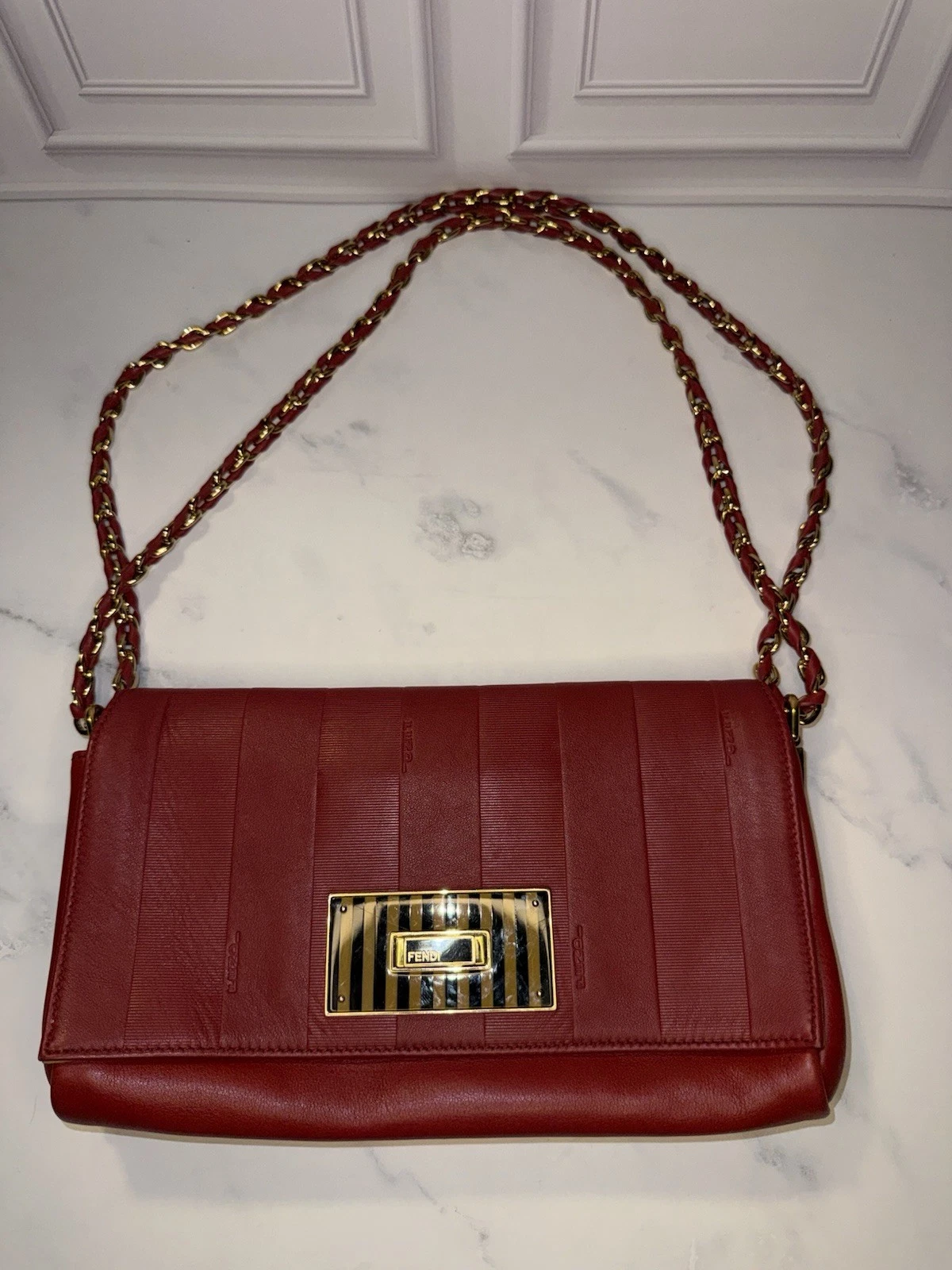 Authentic Fendi Red Pequin Embossed Leather Claudia Flap Bag
