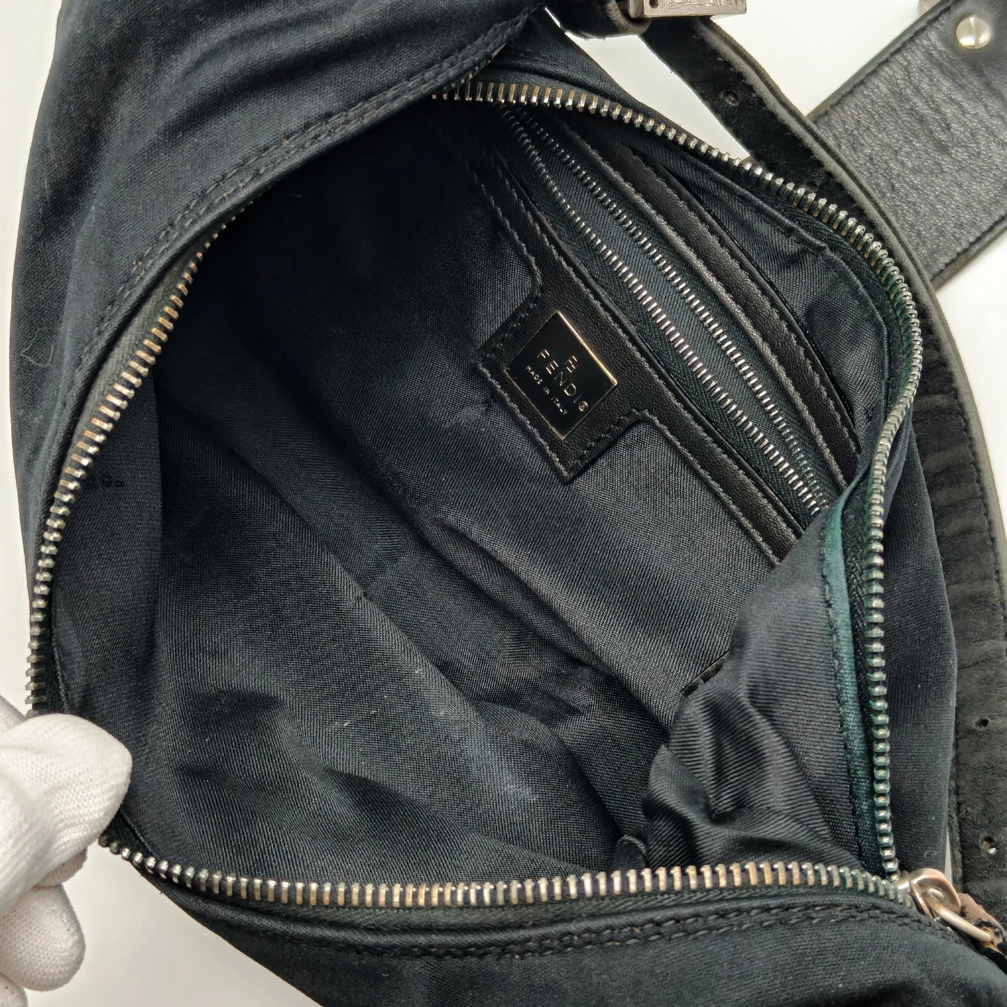 Fendi black crescent shaped baguette bag with chrome hardware - Iconic!